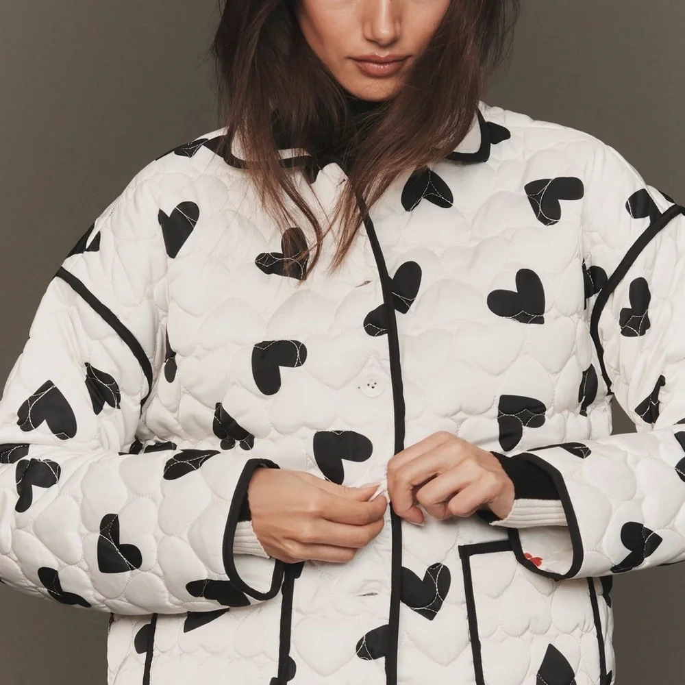 NWT Anthropologie Beach Riot Black and White Heart Puffer Jacket - Picture 2 of 4